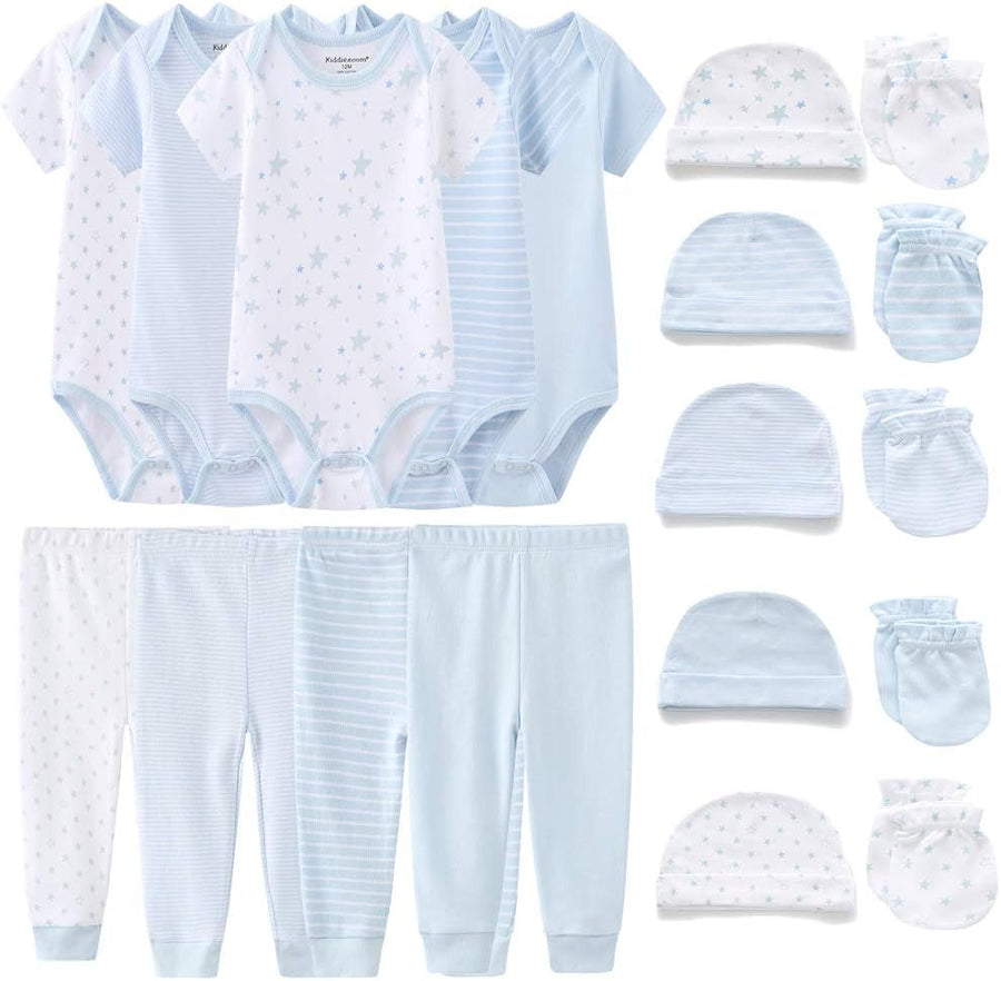 Layette gift set with bodysuits, pants, hats and mittens