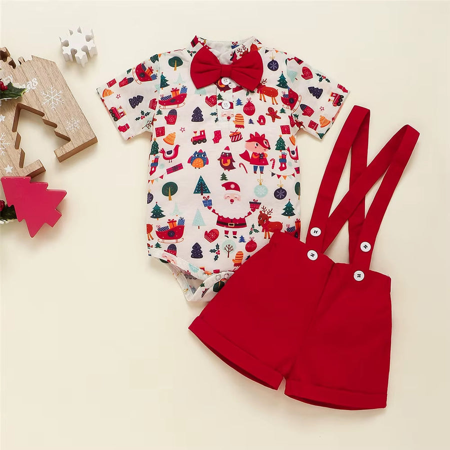 My First Christmas romper with red suspender shorts and bow tie