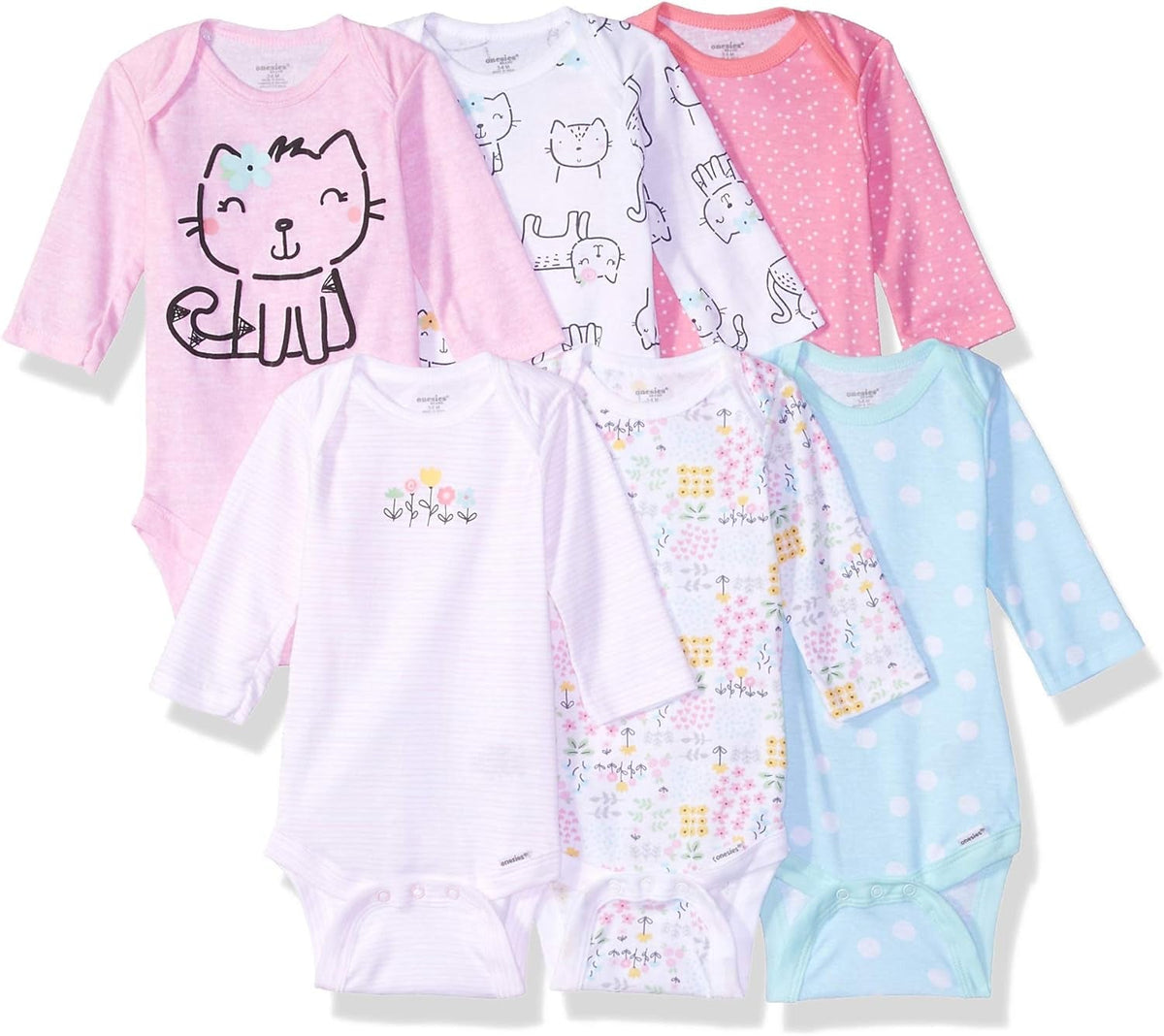 Soft long sleeve baby bodysuits in pastel prints