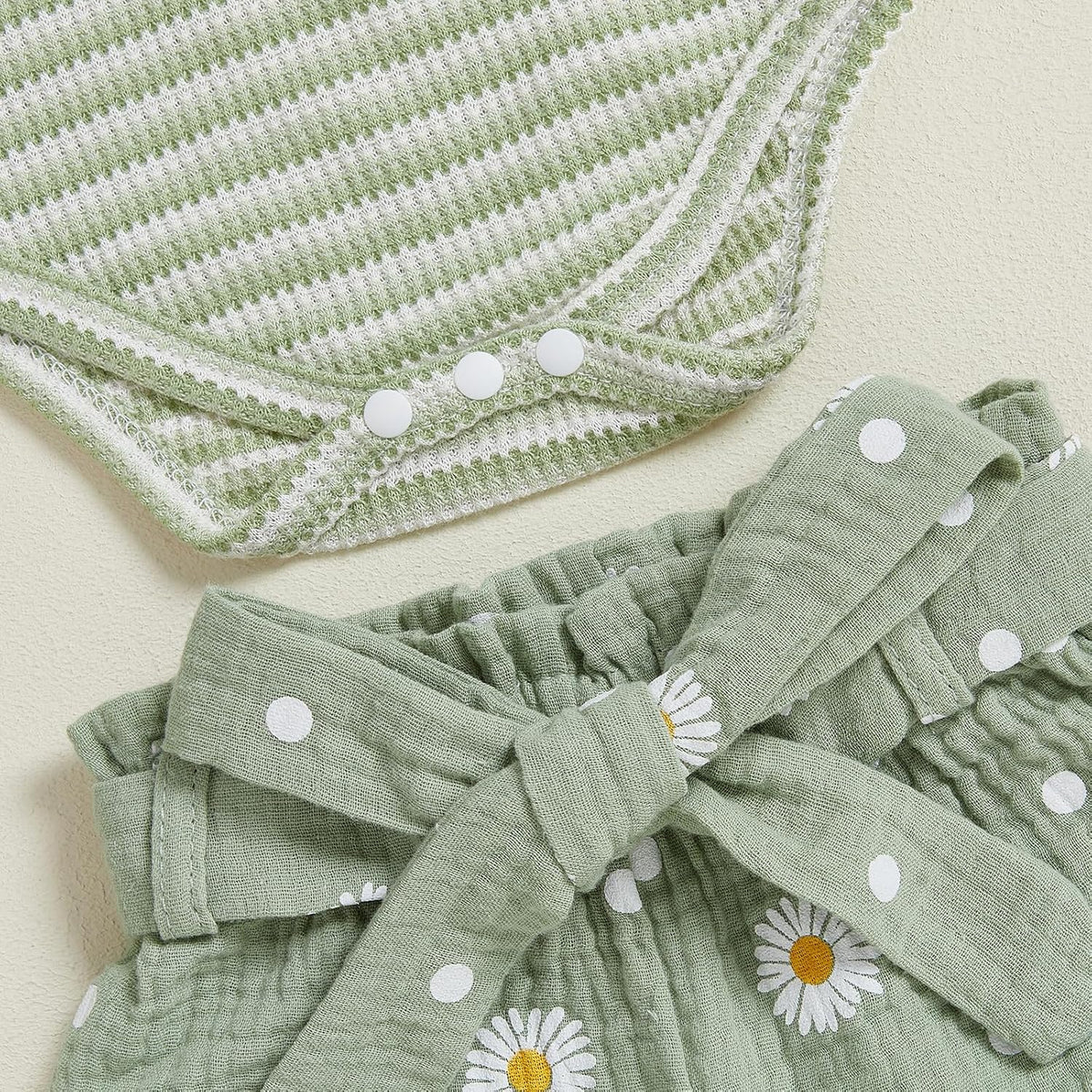 Rib knit baby romper with daisy pants and headband, view 5