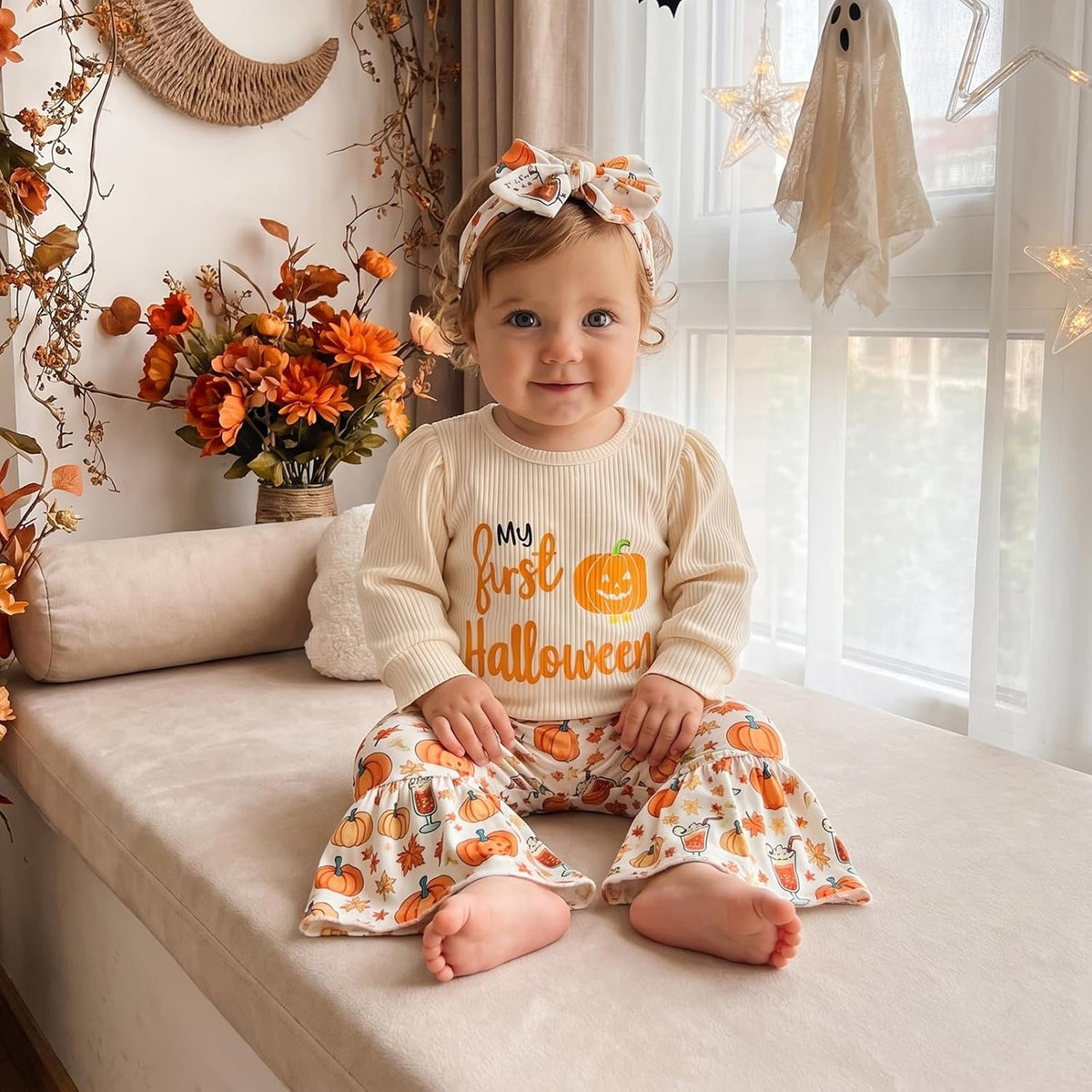 My First Halloween pumpkin romper with bell bottom pants, view 6