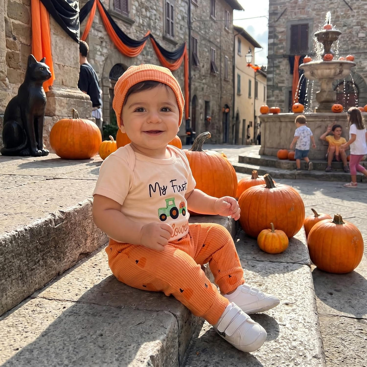 My First Halloween pumpkin patch outfit with romper, pants and hat, view 2