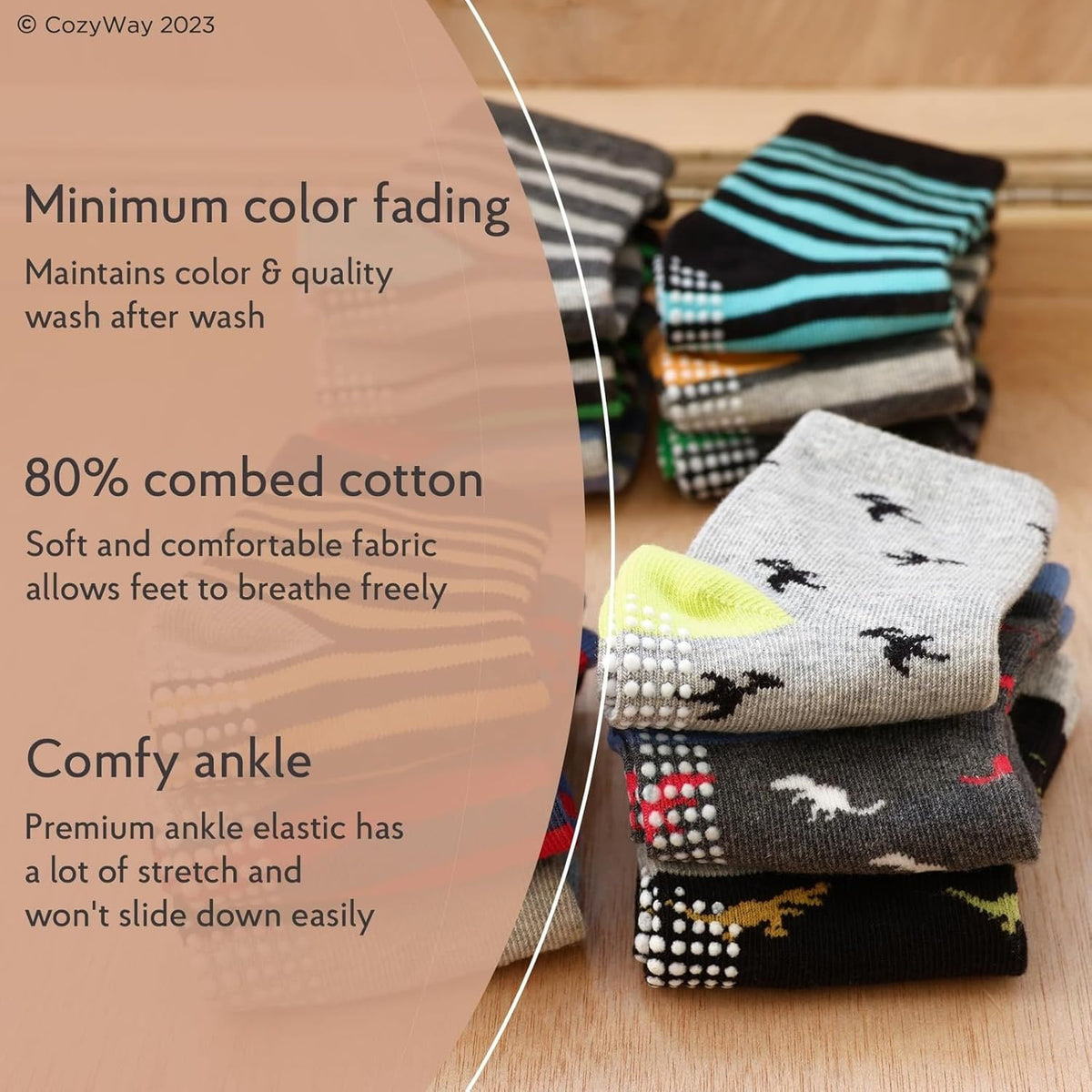 Non-slip grip ankle socks for babies and toddlers, six pairs, view 2