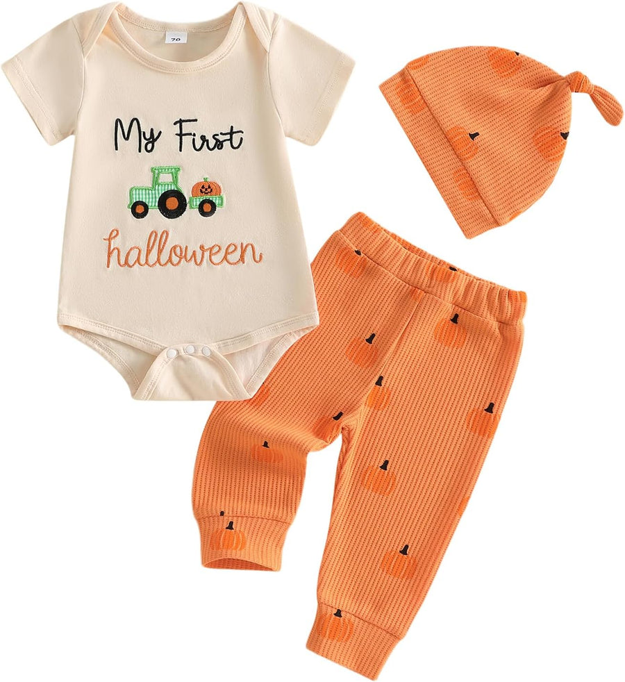 My First Halloween pumpkin patch outfit with romper, pants and hat