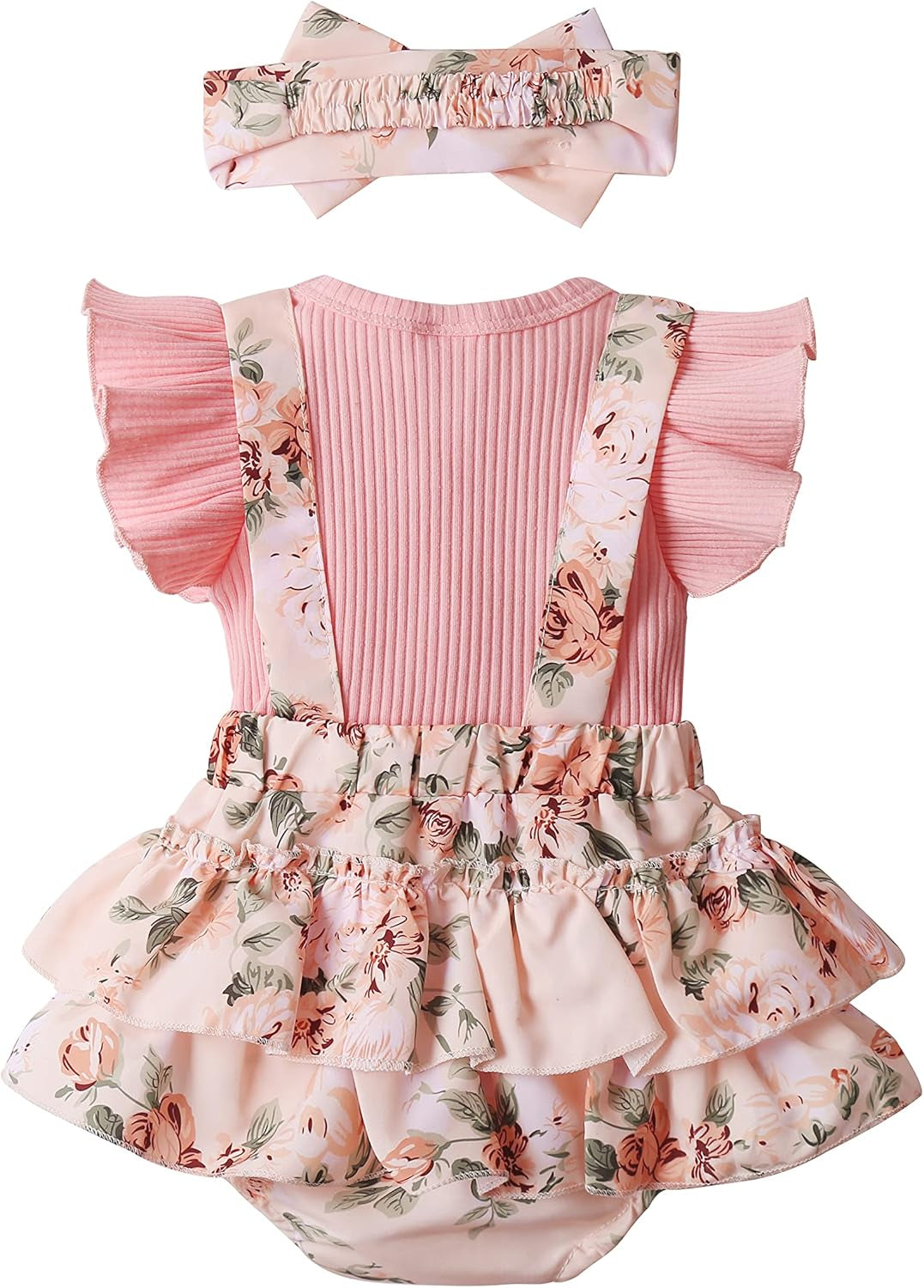 Floral ruffle sleeve romper dress with headband for baby girls, view 3