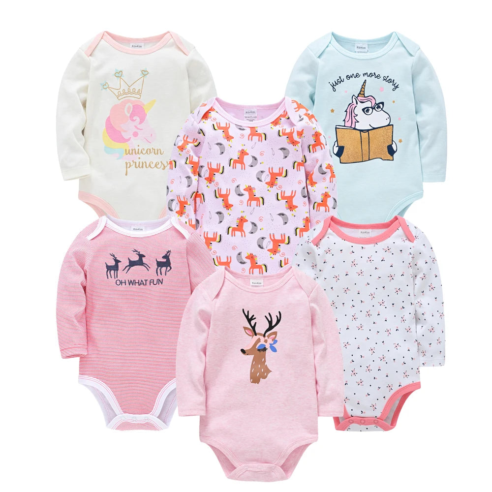 6-Piece Set of Long Sleeve 100% Cotton Bodysuits for Infants Aged 0-12 Months