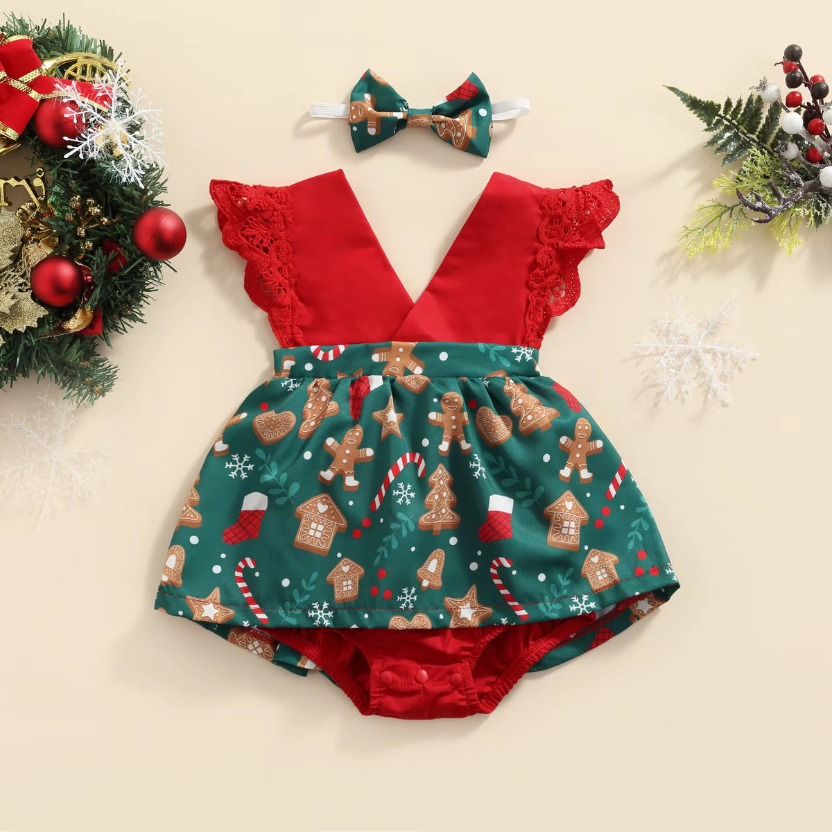 My First Christmas lace romper for baby girls, view 3