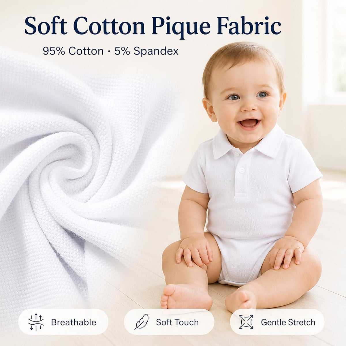 Baby boy cotton pique polo bodysuit, view 4