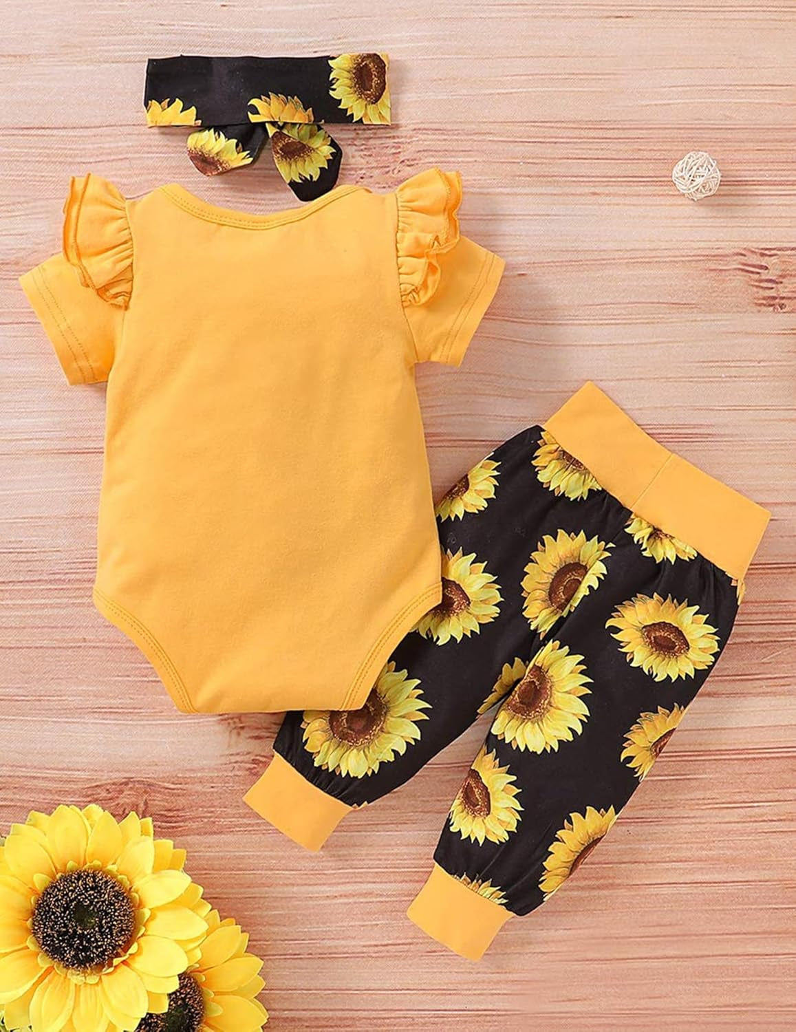 Baby girl ruffle romper with floral pants and headband, view 4