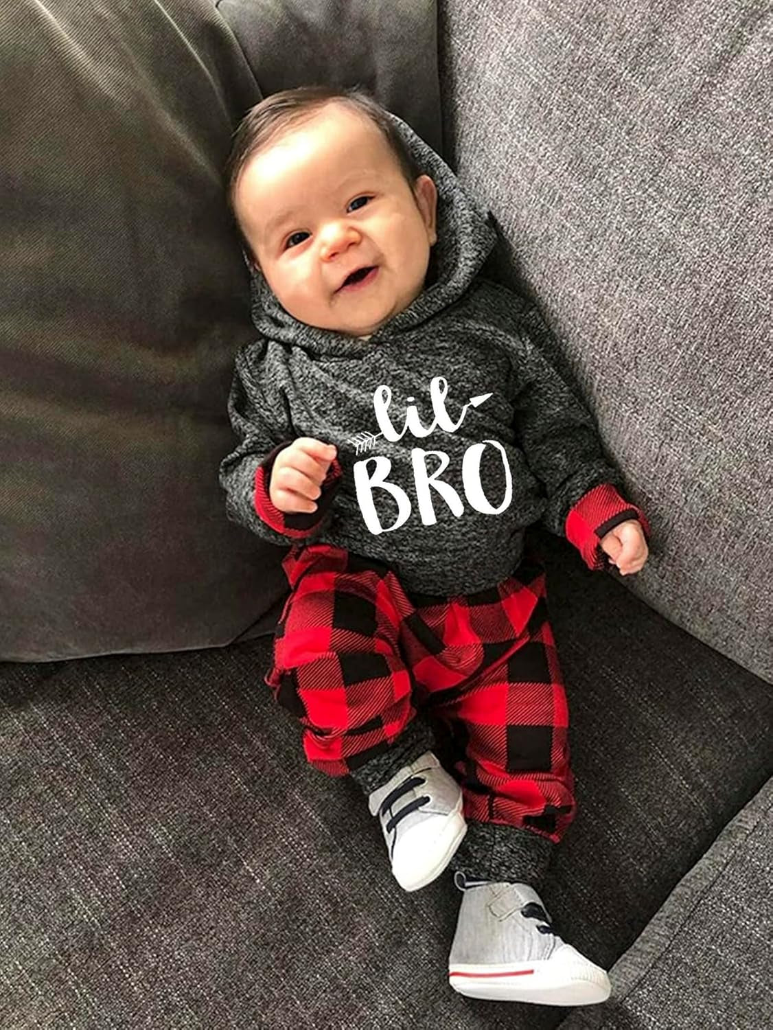 Baby boy plaid hoodie and pants two-piece set, view 4