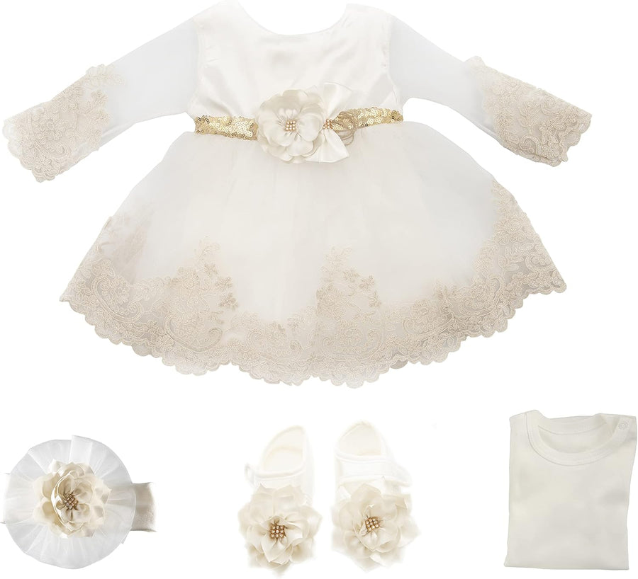 Newborn baby girl lace dress four-piece gift set