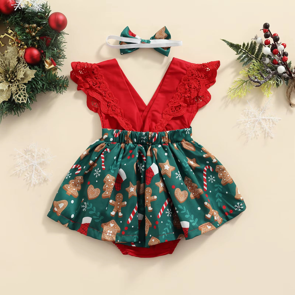 My First Christmas lace romper for baby girls, view 2