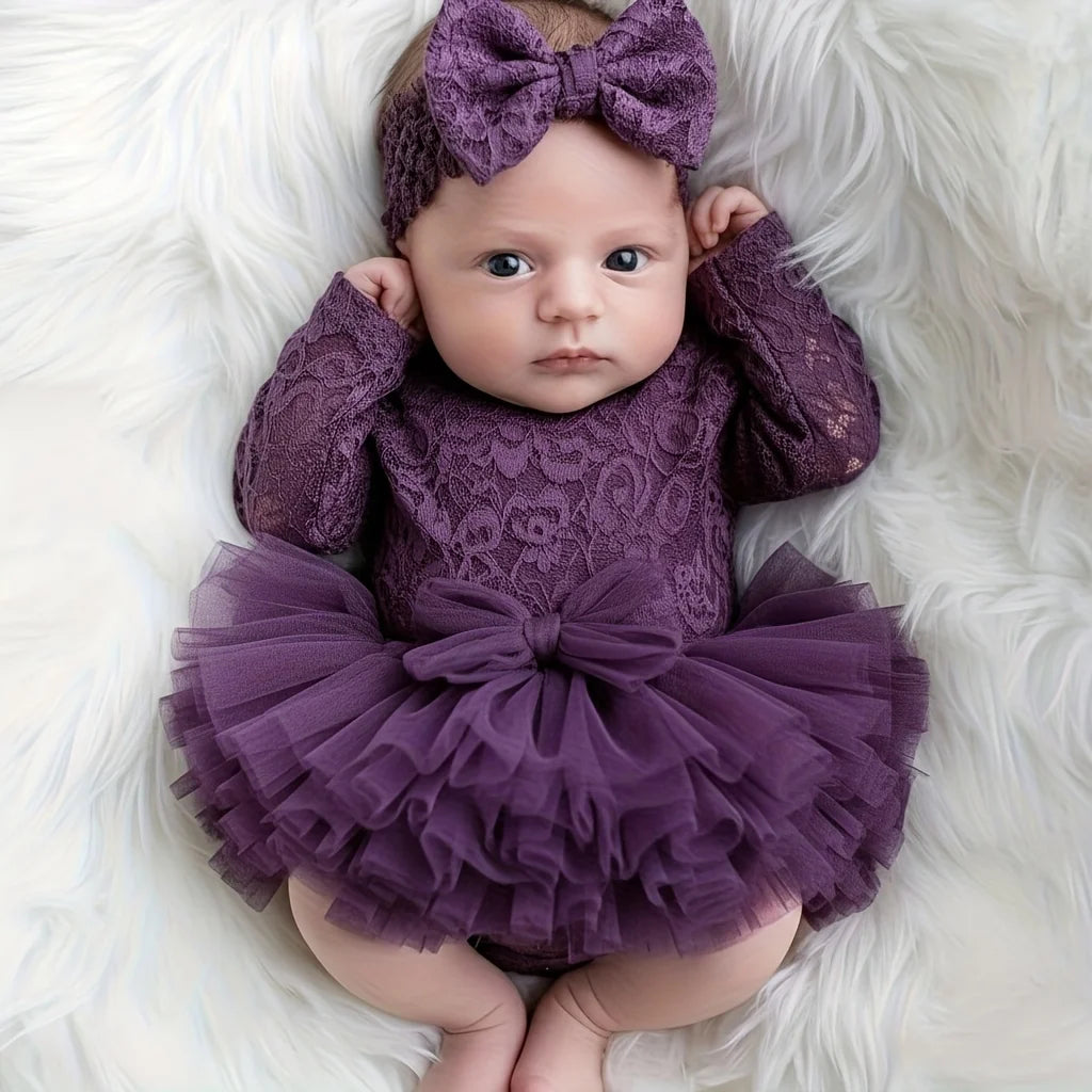 Newborn bodysuit with lace flower headband, view 2