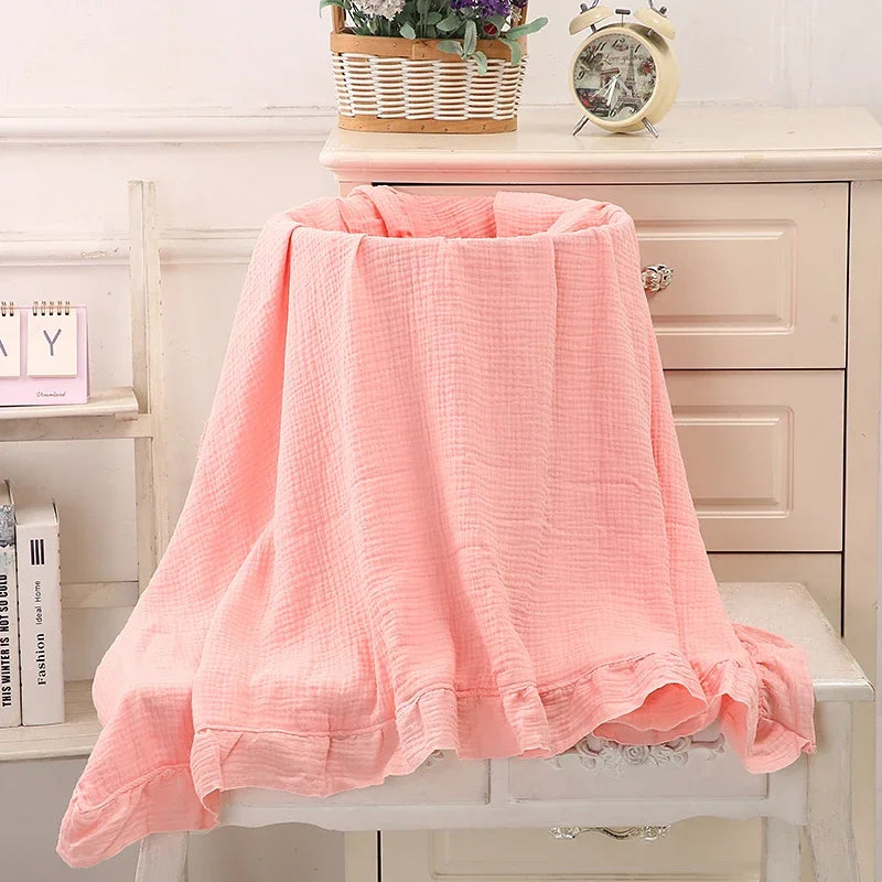 Organic cotton ruffle muslin baby swaddle, view 4