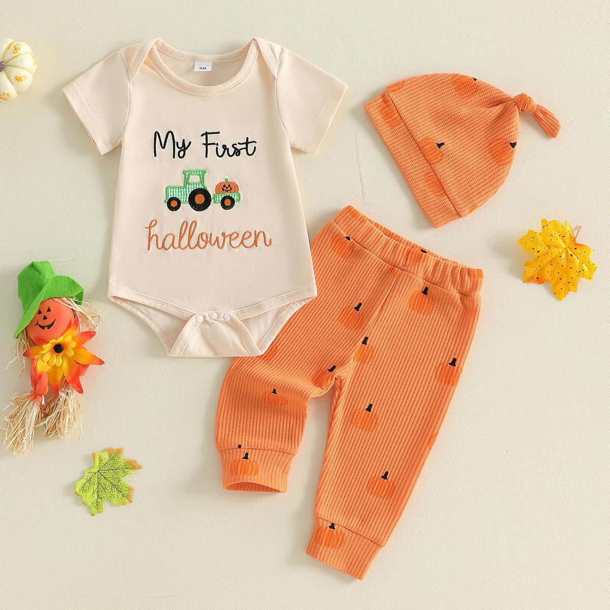 My First Halloween pumpkin patch outfit with romper, pants and hat, view 4