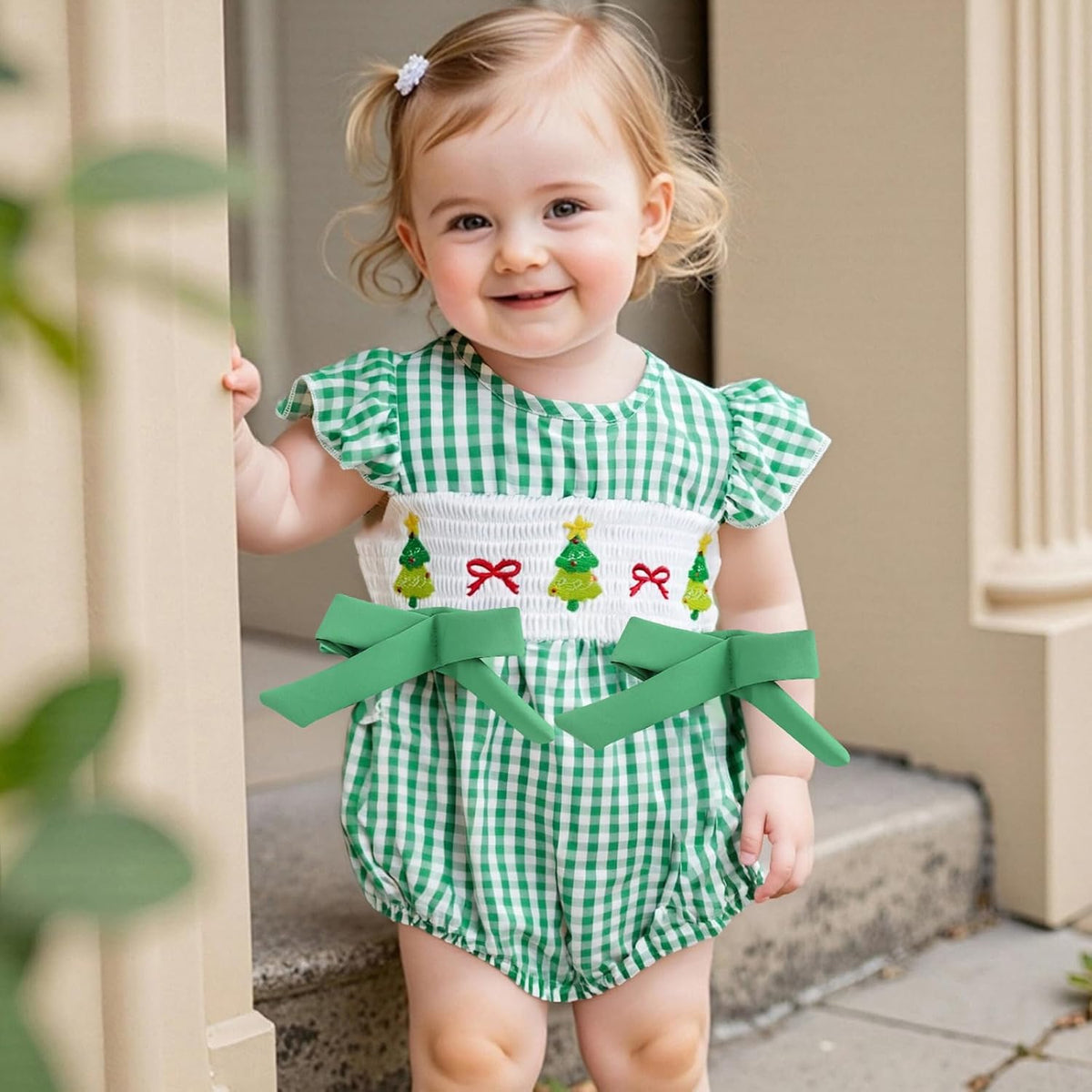 Smocked Santa gingham bubble romper, view 2