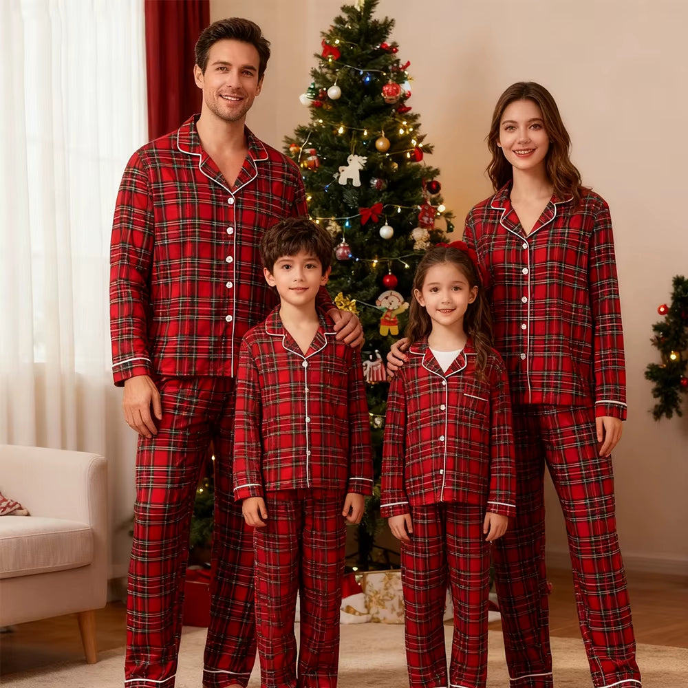 Matching family red plaid Christmas pajamas, view 2