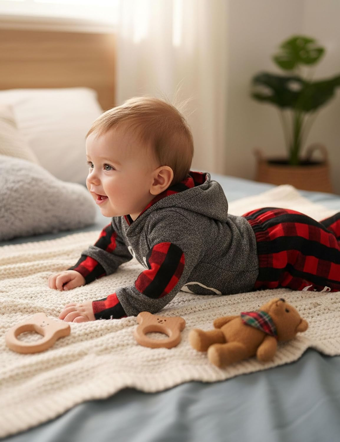 Baby boy plaid hoodie and pants two-piece set, view 3