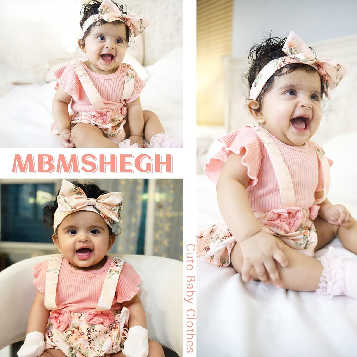 Floral ruffle sleeve romper dress with headband for baby girls, view 2