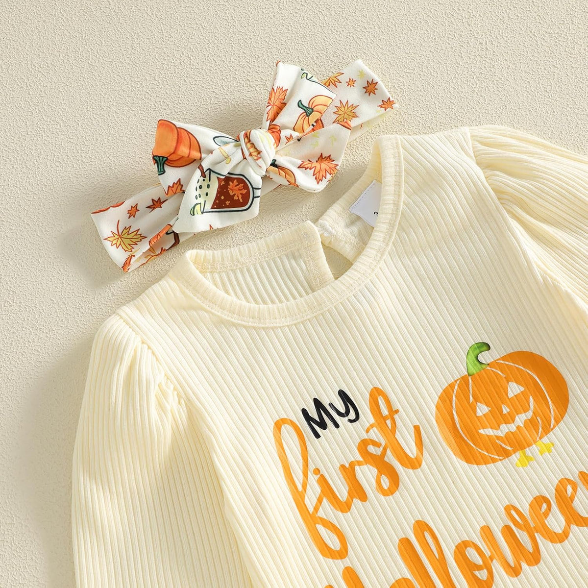 My First Halloween pumpkin romper with bell bottom pants, view 3