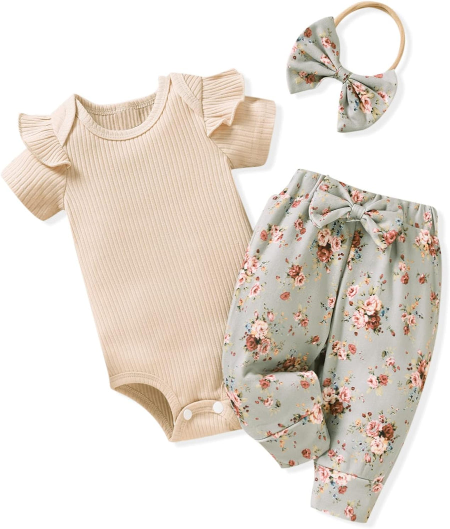 Ribbed baby girl bodysuit and pants set