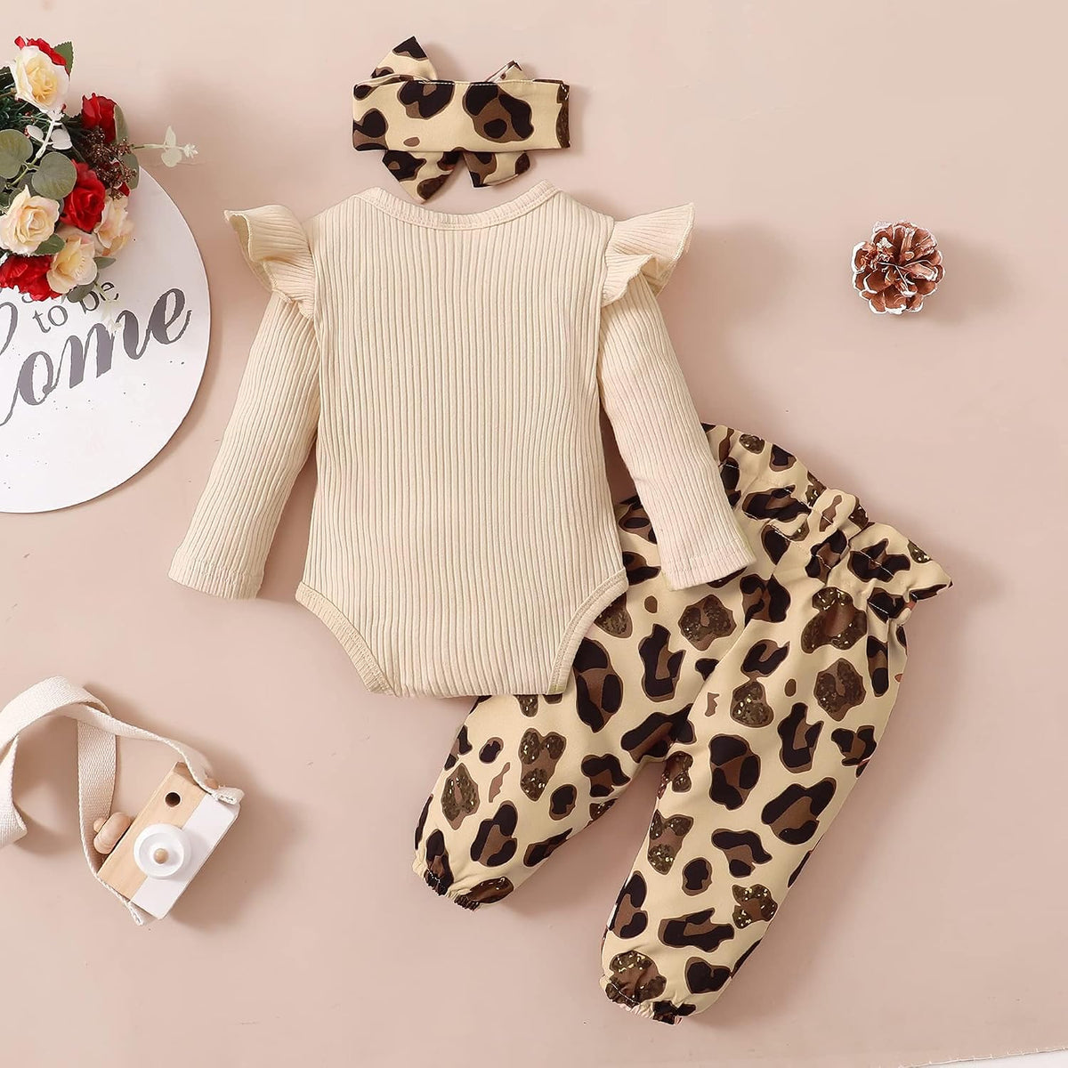 Baby girl floral fall and winter three-piece outfit set, view 5