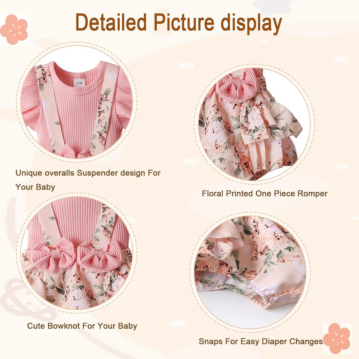Floral ruffle sleeve romper dress with headband for baby girls, view 4