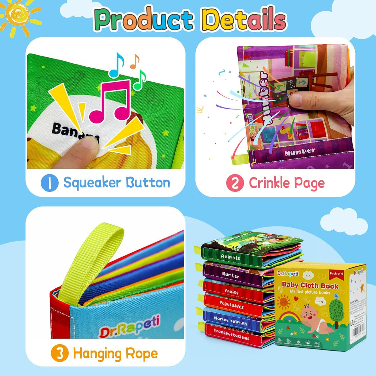 Soft cloth baby books, 6-pack, view 3