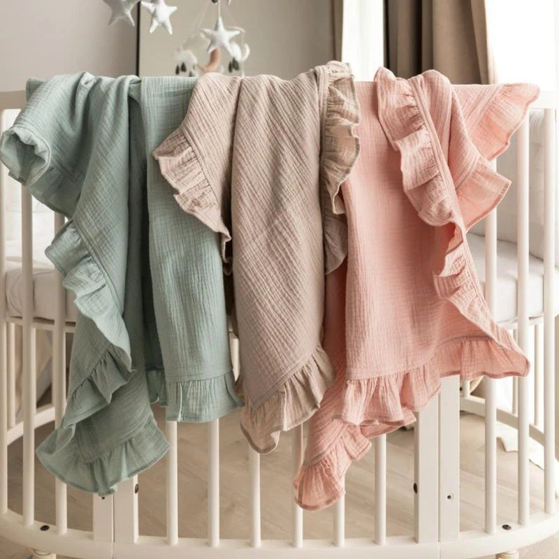 Organic cotton ruffle muslin baby swaddle, view 2
