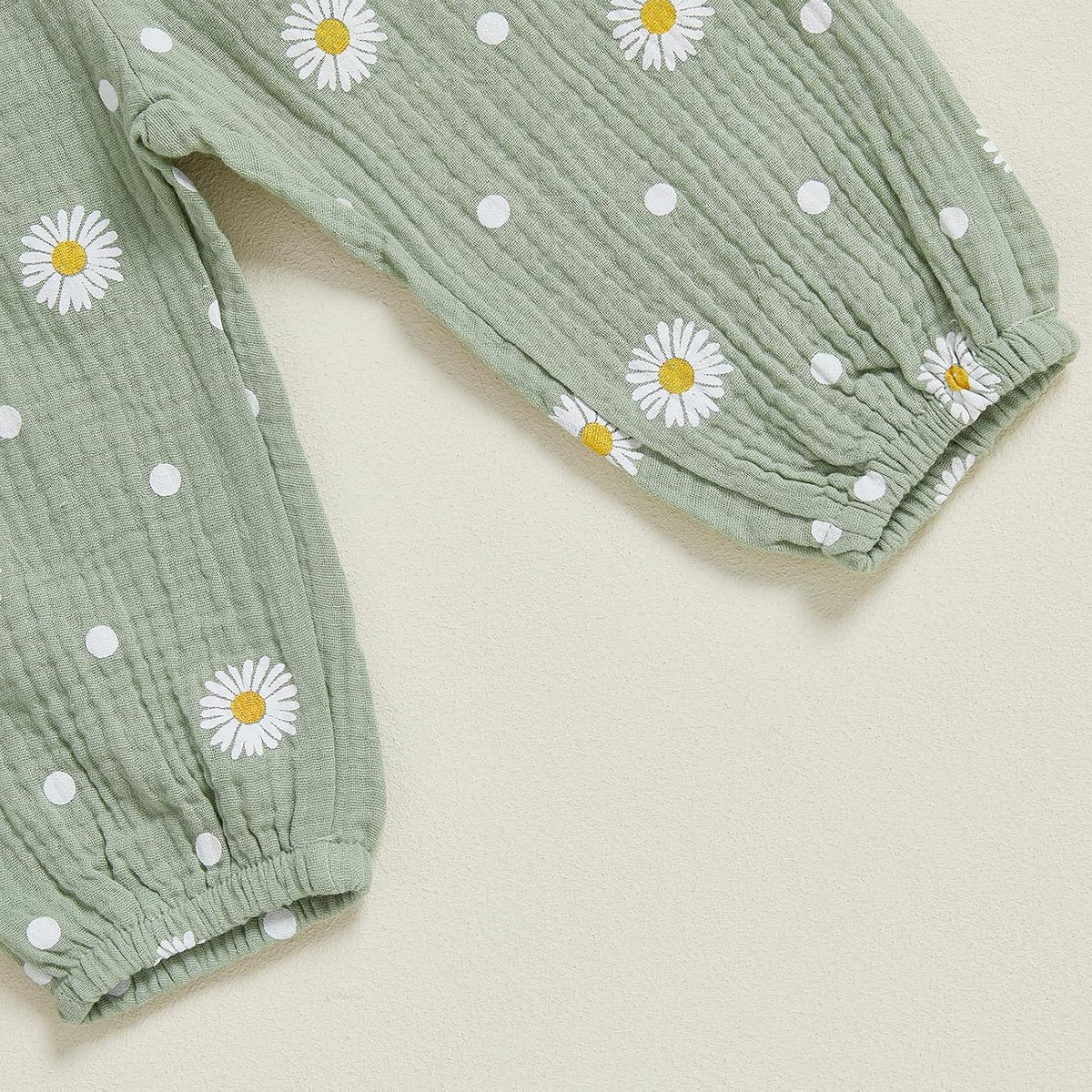 Rib knit baby romper with daisy pants and headband, view 6