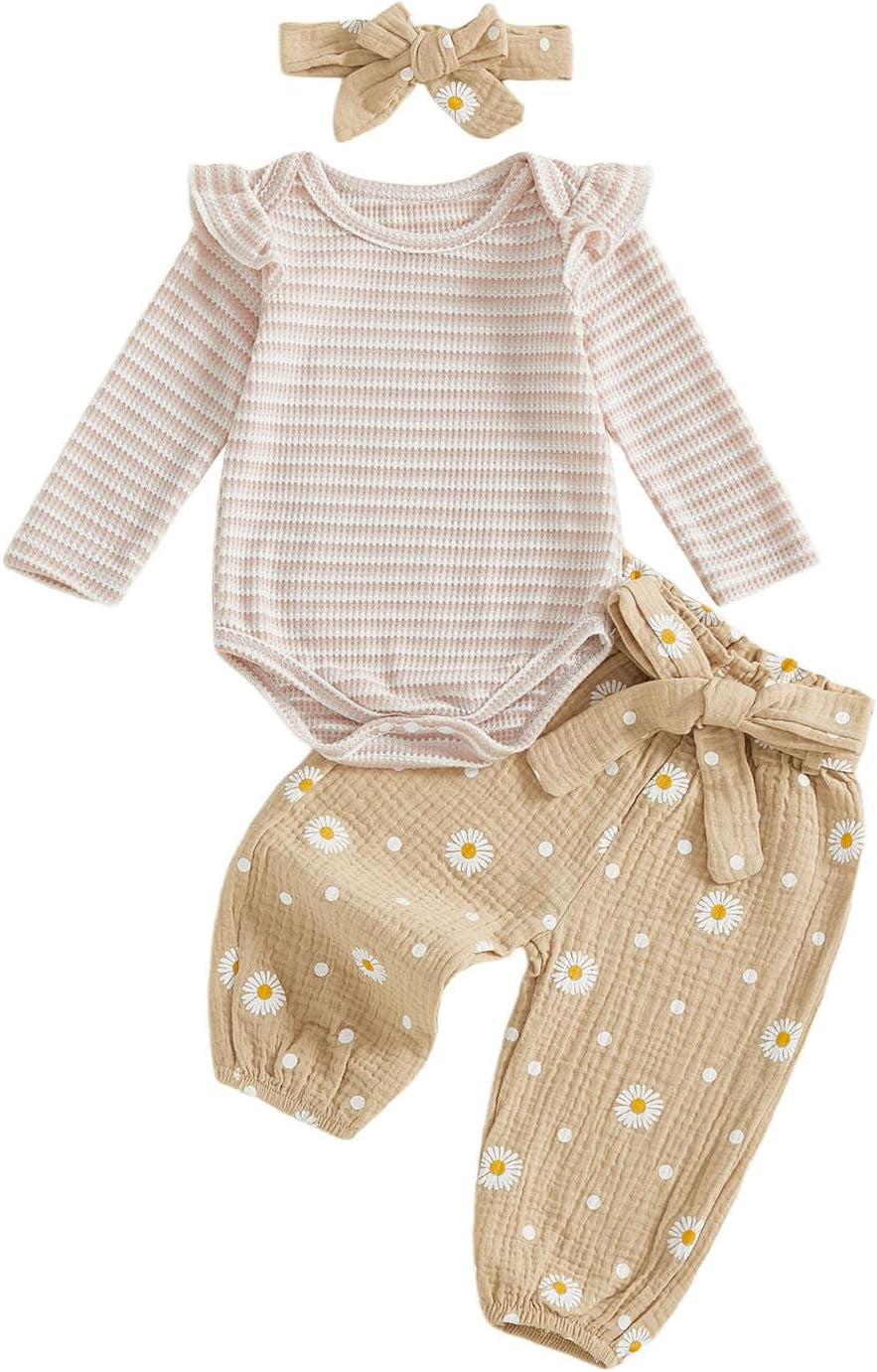 Newborn Infant Girl Clothes Rib Knit Romper Daisy Print Pants Headband Baby Clothes for Girls 0 3 6 12 18 24 Months
