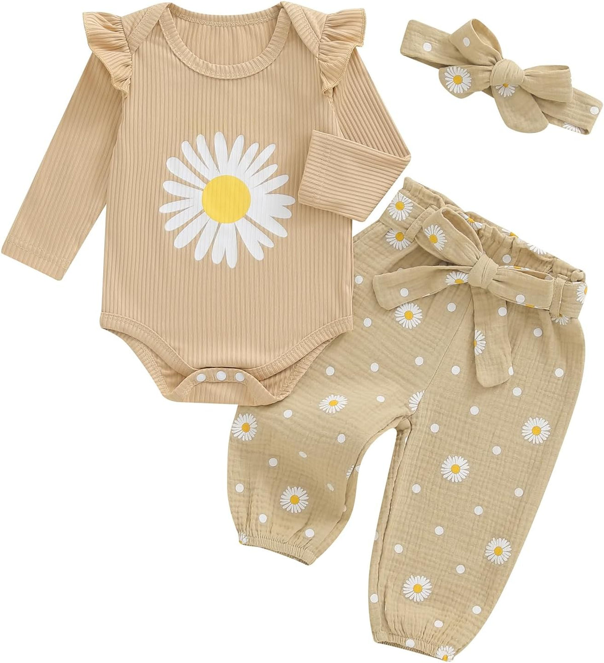 Newborn Infant Girl Clothes Rib Knit Romper Daisy Print Pants Headband Baby Clothes for Girls 0 3 6 12 18 24 Months