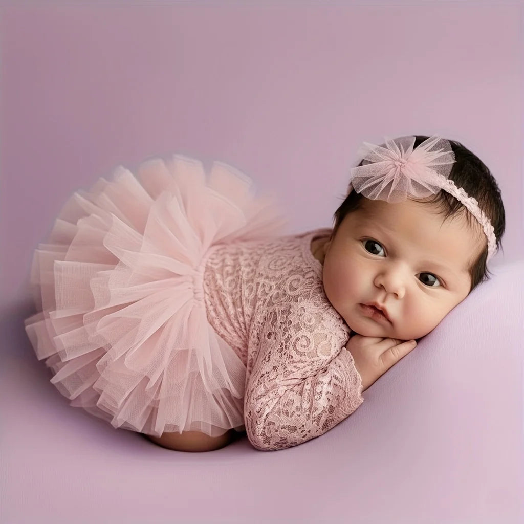 Newborn bodysuit with lace flower headband, view 3