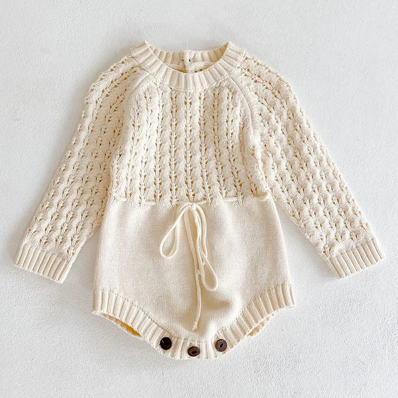 Long sleeve knit romper for baby girls, view 2