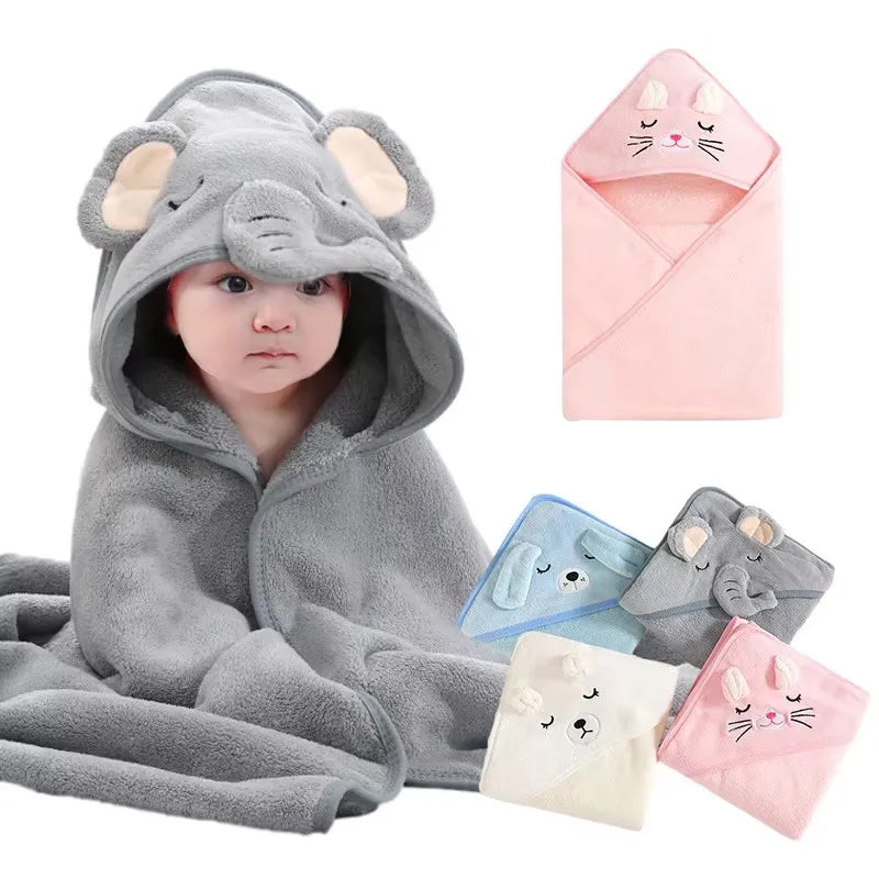 Hooded baby bath towel with cartoon animal hood, view 2