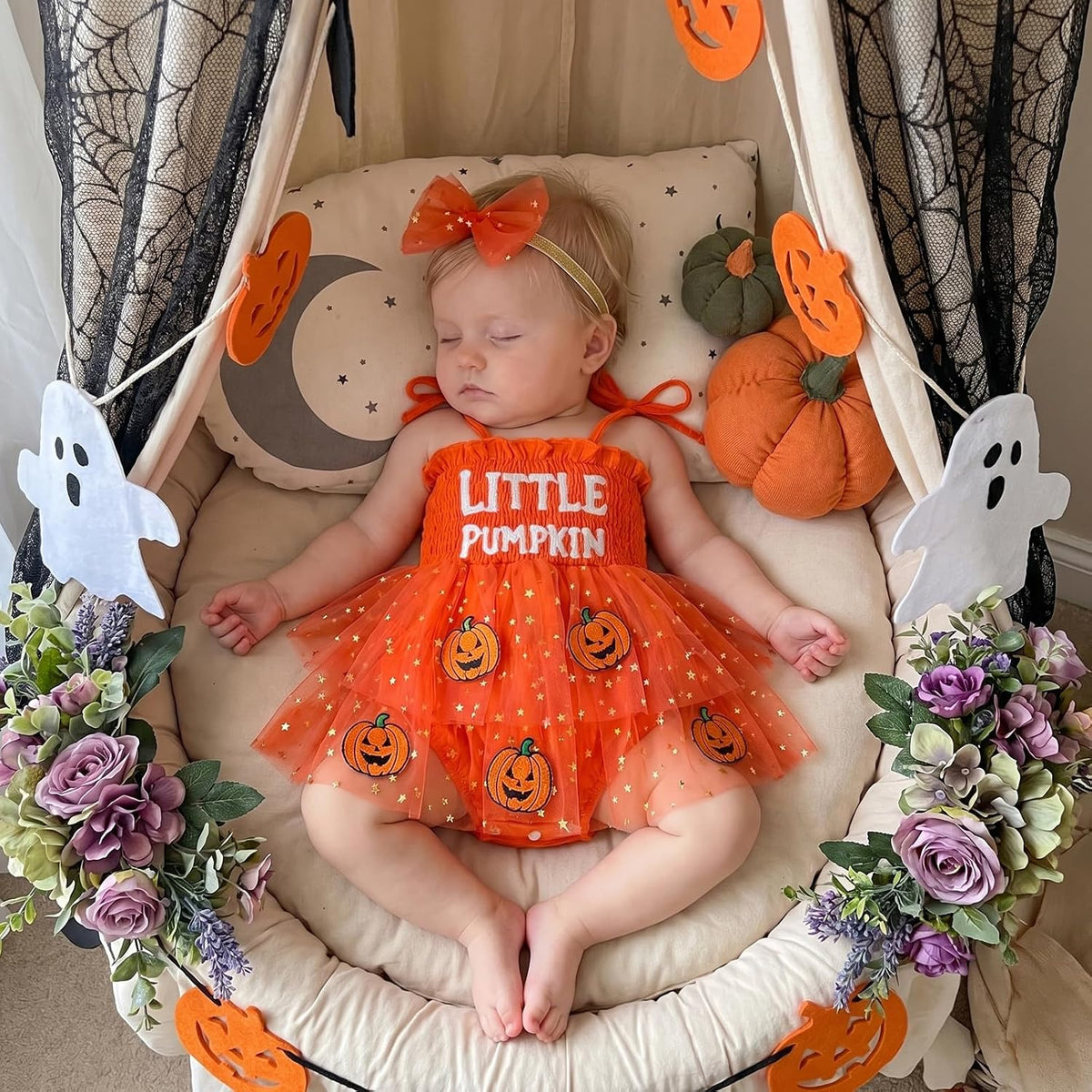 Pumpkin tutu romper dress for baby girls, view 3