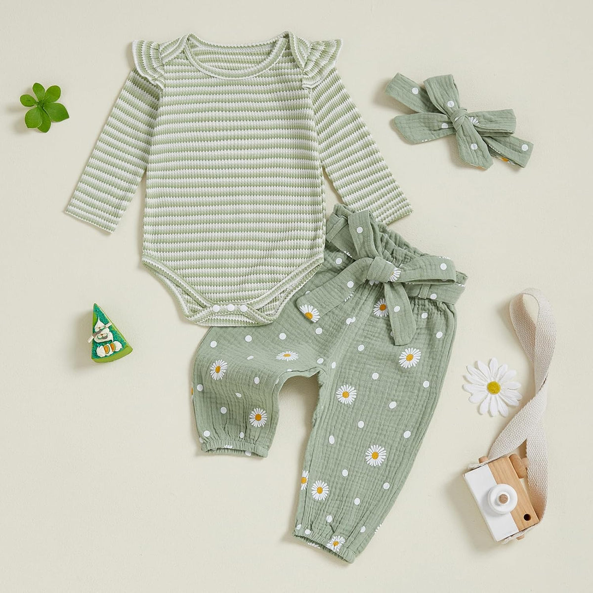 Rib knit baby romper with daisy pants and headband, view 3