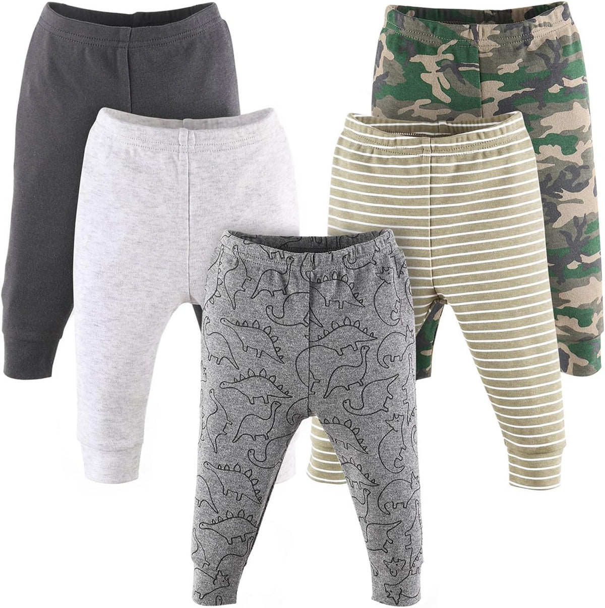 Dinosaur and camo print cotton baby pants, five-pack
