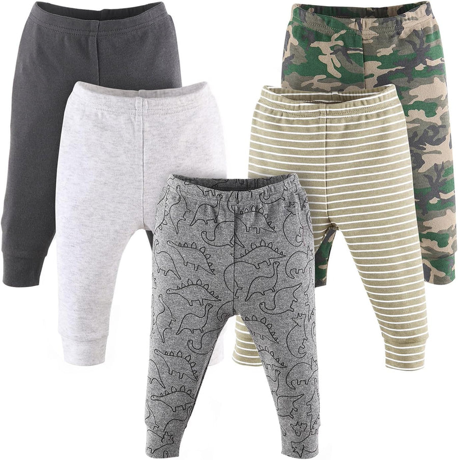 Dinosaur and camo print cotton baby pants, five-pack