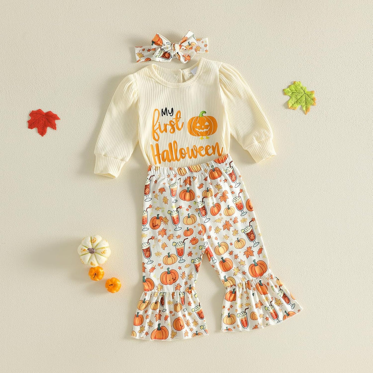 My First Halloween pumpkin romper with bell bottom pants, view 2