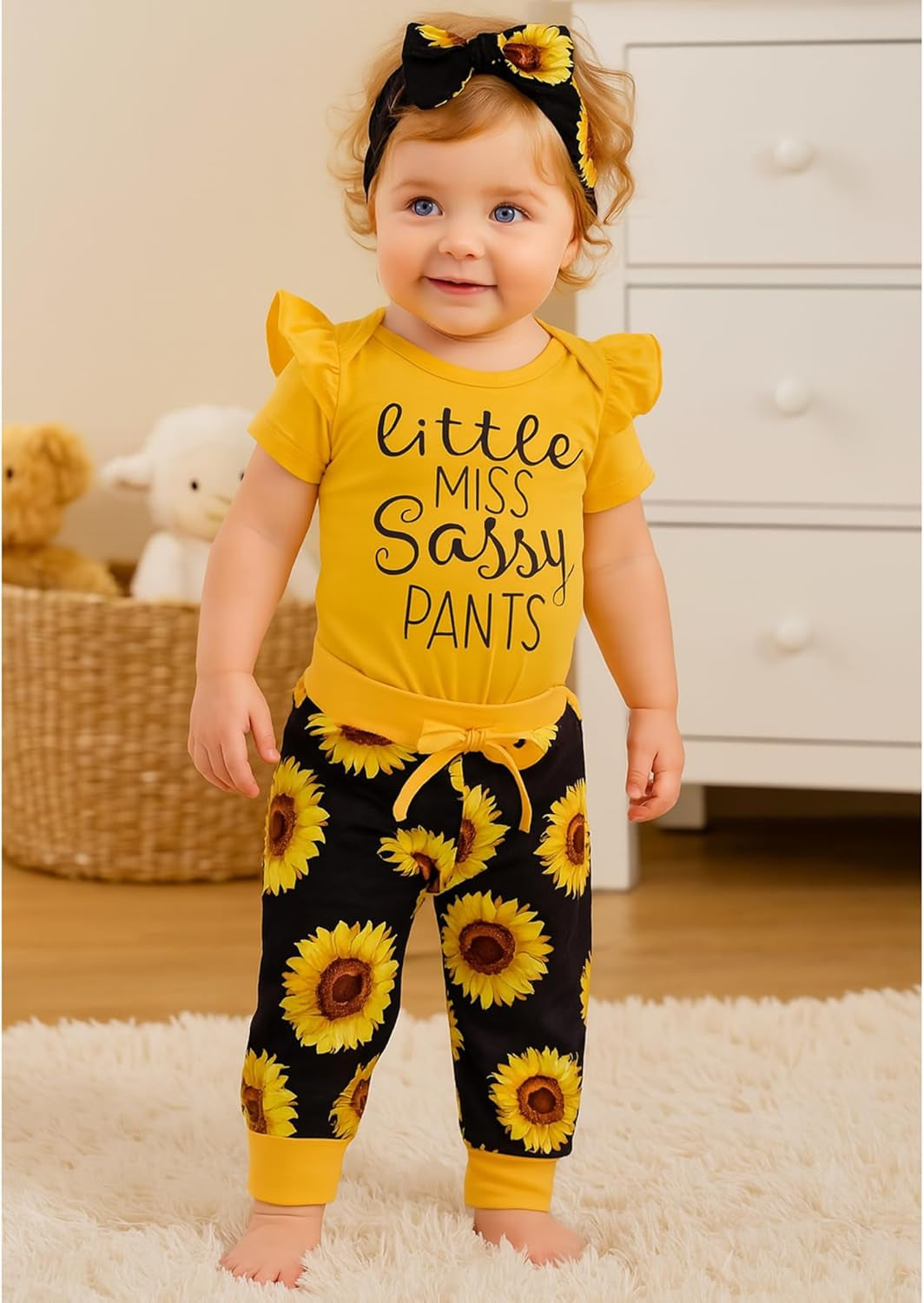 Baby girl ruffle romper with floral pants and headband, view 2