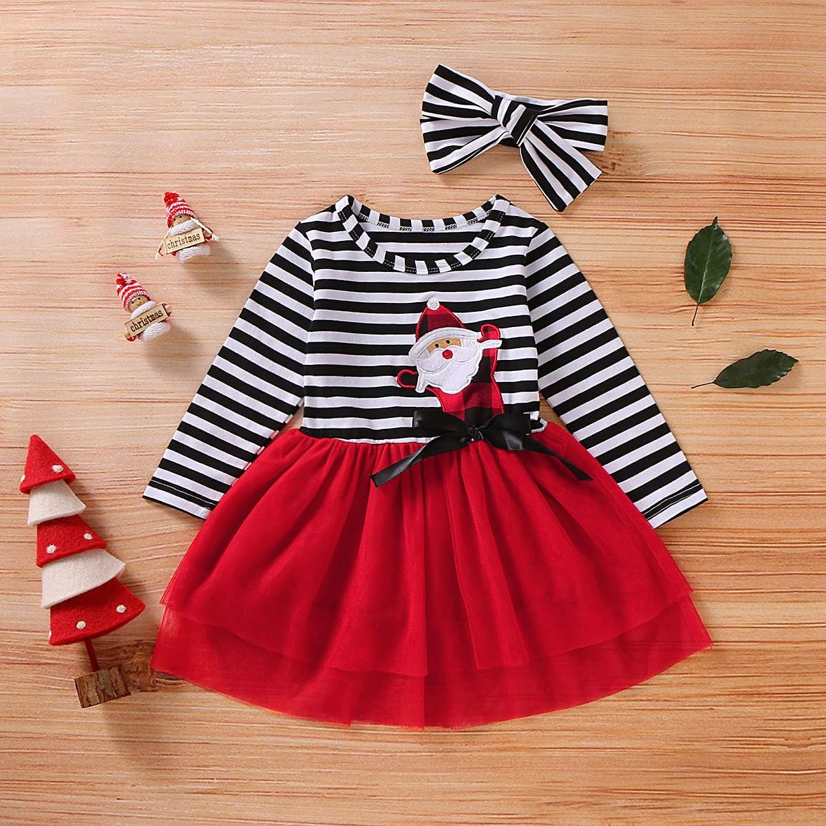Santa print tutu Christmas dress with headband for toddler girls, view 2
