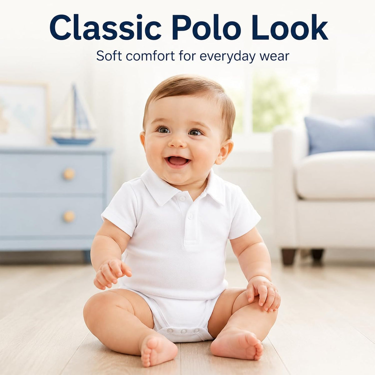 Baby boy cotton pique polo bodysuit, view 2
