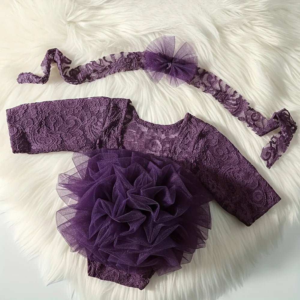 Newborn bodysuit with lace flower headband, view 5