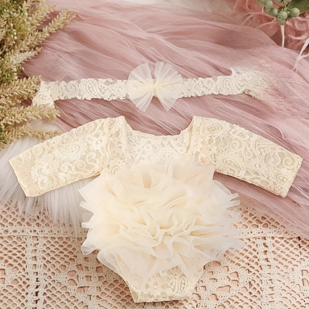 Newborn bodysuit with lace flower headband, view 6