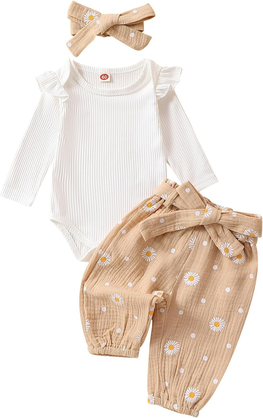 Newborn Infant Girl Clothes Rib Knit Romper Daisy Print Pants Headband Baby Clothes for Girls 0 3 6 12 18 24 Months