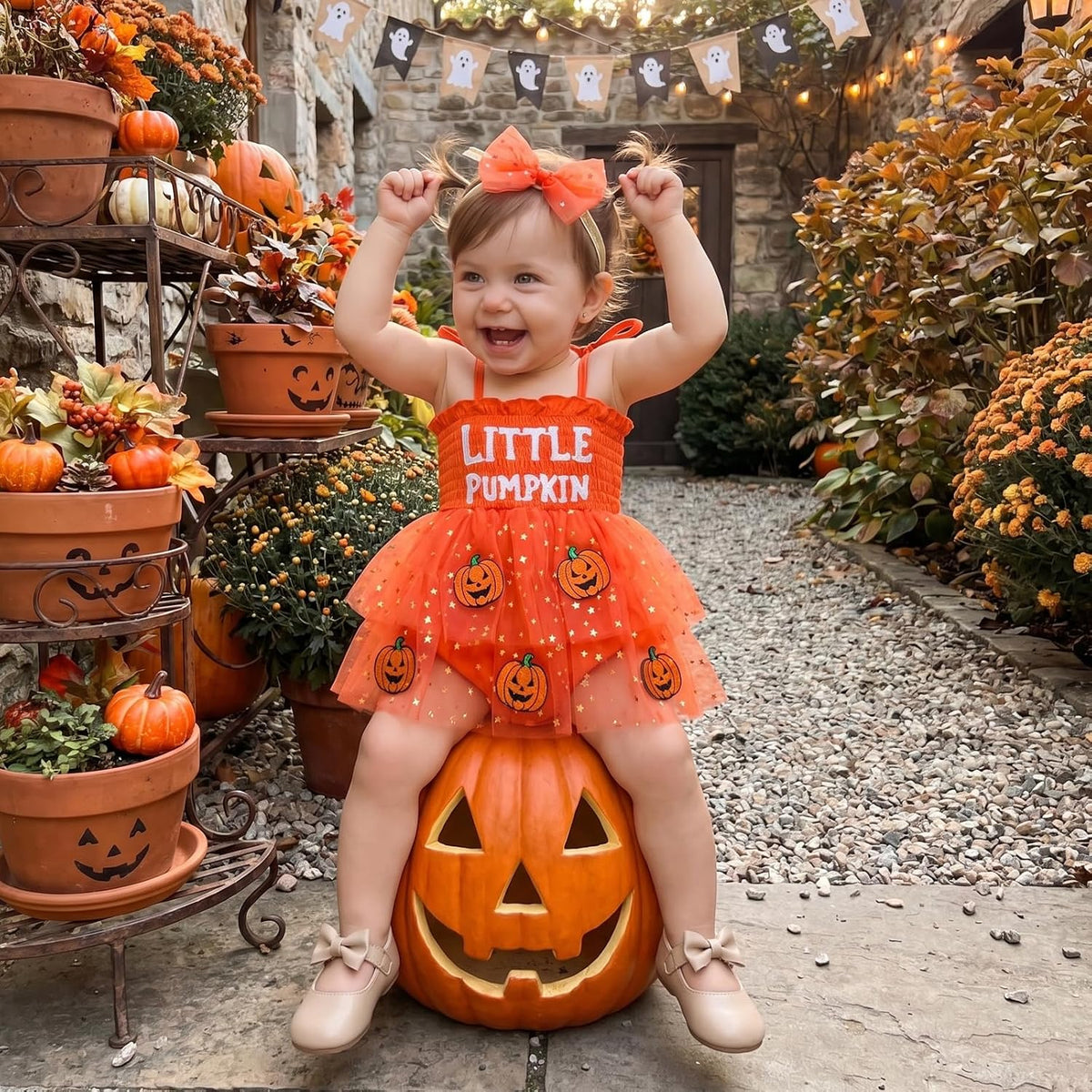 Pumpkin tutu romper dress for baby girls, view 2