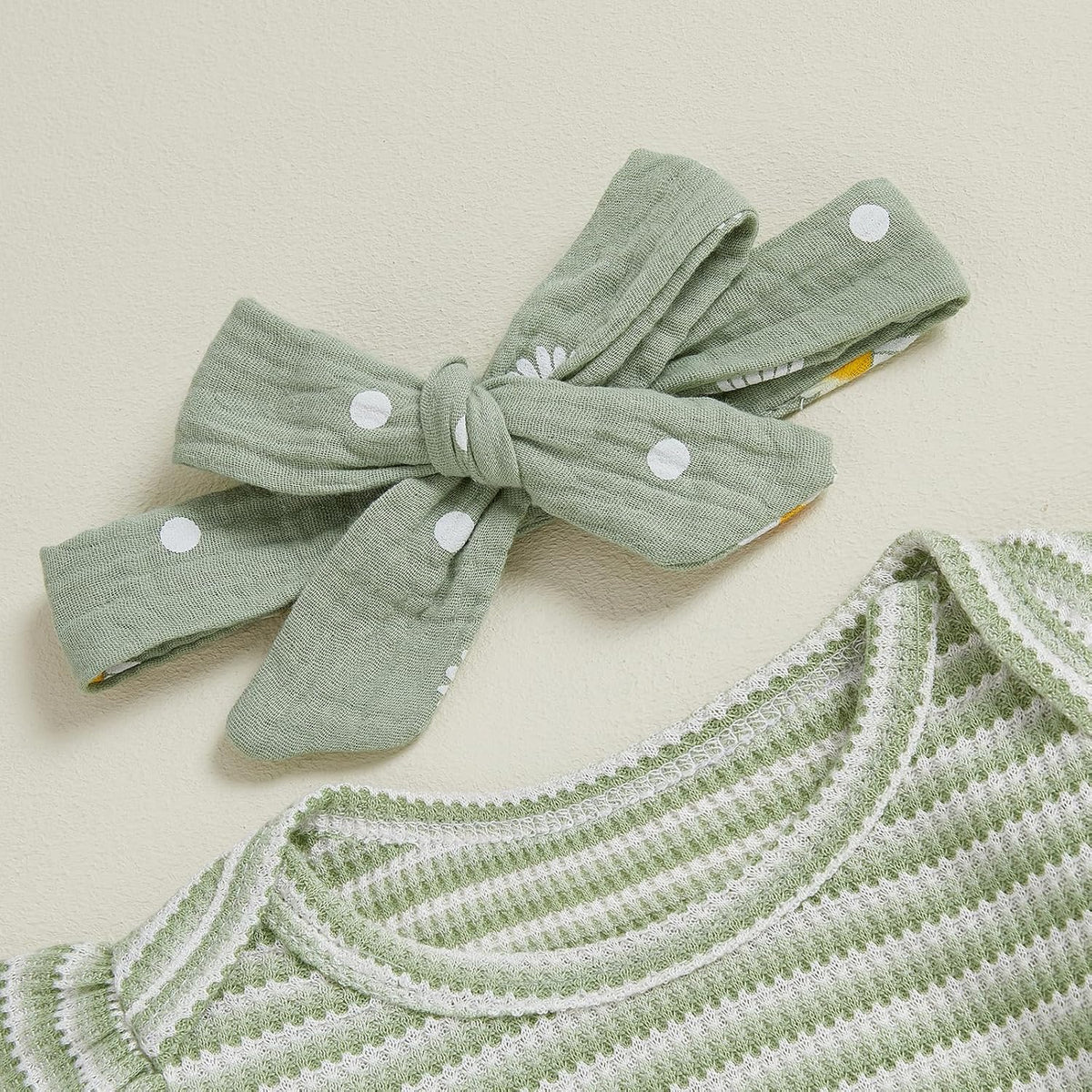 Rib knit baby romper with daisy pants and headband, view 4
