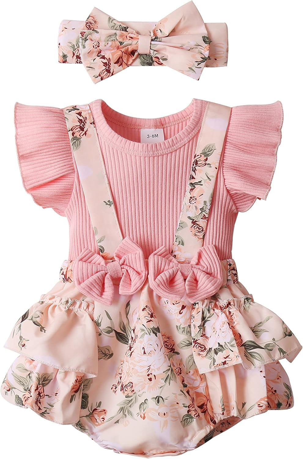 Floral ruffle sleeve romper dress with headband for baby girls