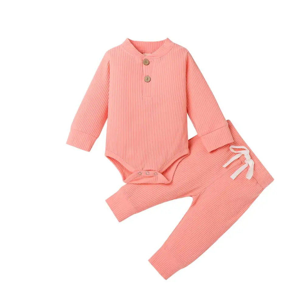 Adorable Infant Ribbed & Plaid 2-Piece Outfit Set for Boys & Girls - Long Sleeve Bodysuits with Elastic Pants for Spring & Autumn